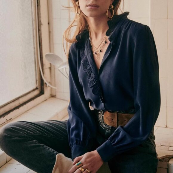 Sezane Chlo Silk Shirt Blouse Marine Navy Blue French Top Classic FR34/US2 - Picture 2 of 12